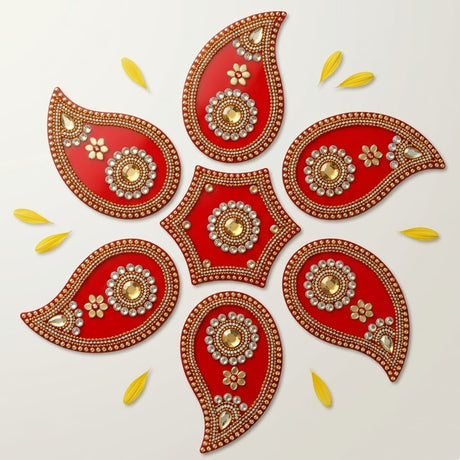 Red and gold acrylic rangoli set with intricate beadwork and gemstone accents for traditional indian decor and festivals