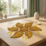 Golden ornate acrylic rangoli set with intricate beadwork and leaf accents for diwali navratri home temple decor