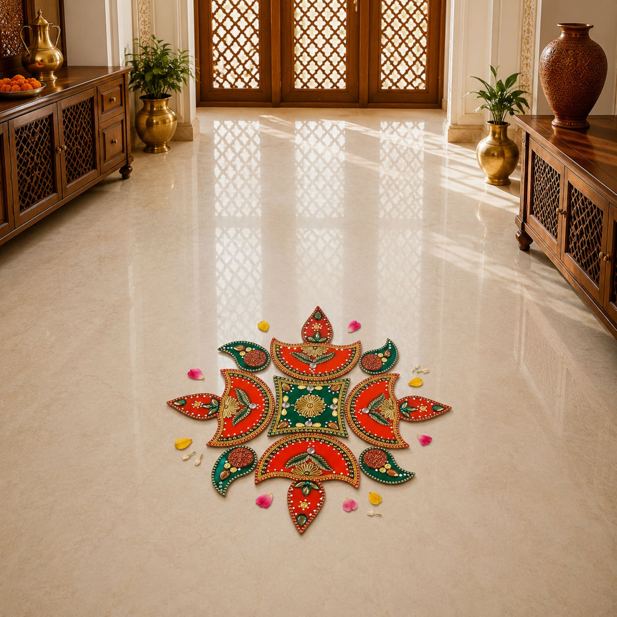 Vibrant red and green acrylic rangoli set with intricate gold detailing and flower petals for diwali and navratri decor