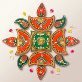 Acrylic rangoli set with vibrant red and green decorative design gold accents rhinestones floral patterns for Diwali decor