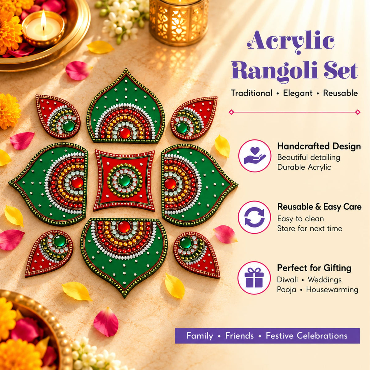A set of colorful handcrafted acrylic diwali rangoli pieces in vibrant green and red with intricate gold detailing and studded stones