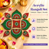 A set of colorful handcrafted acrylic diwali rangoli pieces in vibrant green and red with intricate gold detailing and studded stones