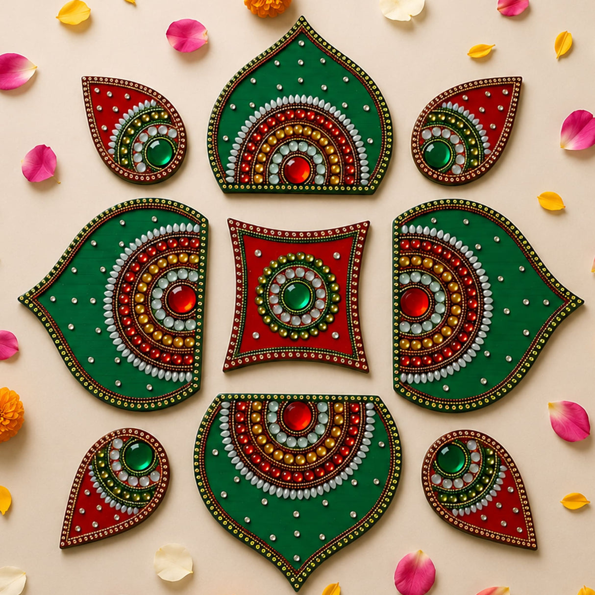 Green and red decorative acrylic rangoli set with intricate beadwork and gemstone accents for festive pooja decor