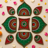 Green and red decorative acrylic rangoli set with intricate beadwork and gemstone accents for festive pooja decor