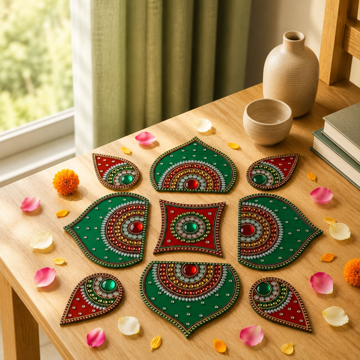 Green and red acrylic rangoli set with intricate beadwork and gemstone accents for decorative pooja and festive home decor
