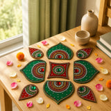 Green and red acrylic rangoli set with intricate beadwork and gemstone accents for decorative pooja and festive home decor