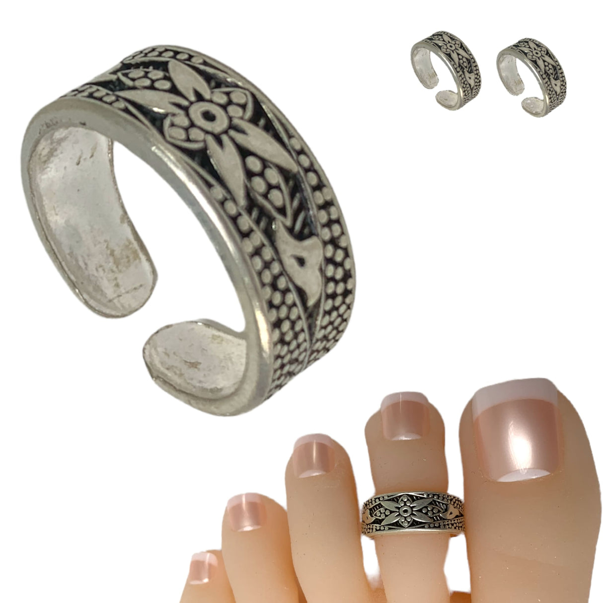 Adjustable real silver toe rings pair pinky band tribal