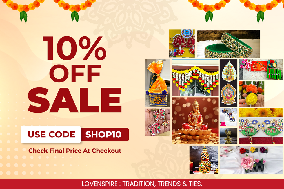 Advertisement for a 10% off sale on traditional Indian decorative items and accessories.