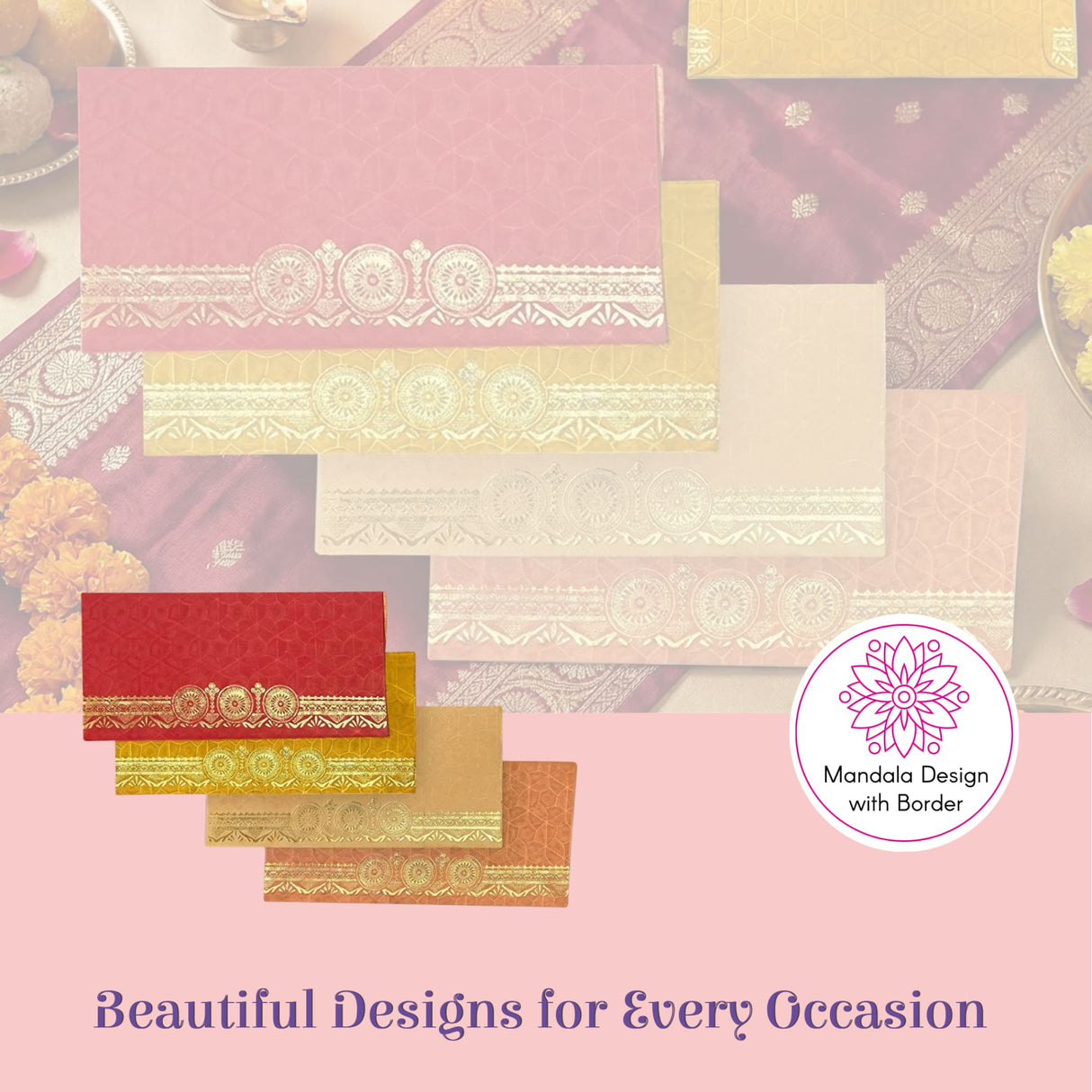 Pink gold-embossed mandala shagun envelopes with decorative borders