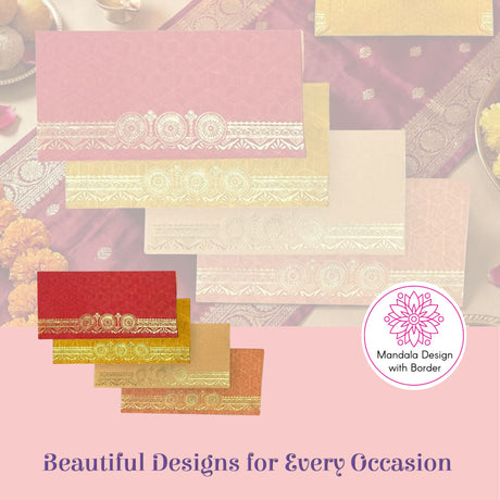 Pink gold-embossed mandala shagun envelopes with decorative borders