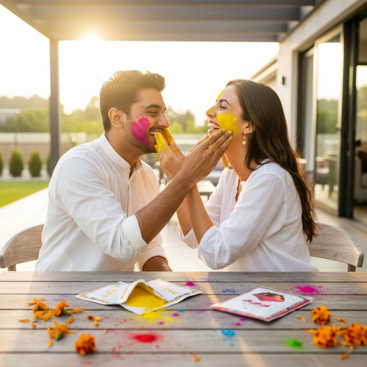 Man smiles with yellow pink Holi powder on face, hands on womans cheeks