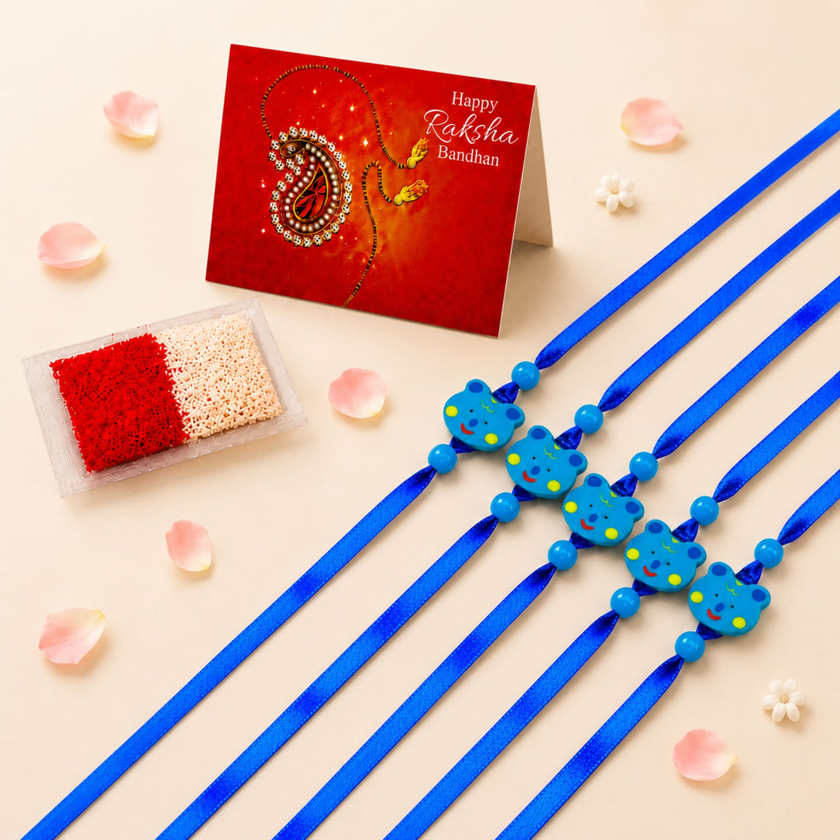 Five blue ribbon animal theme rakhi with cute bear charms and bead accents handmade for Raksha Bandhan gift