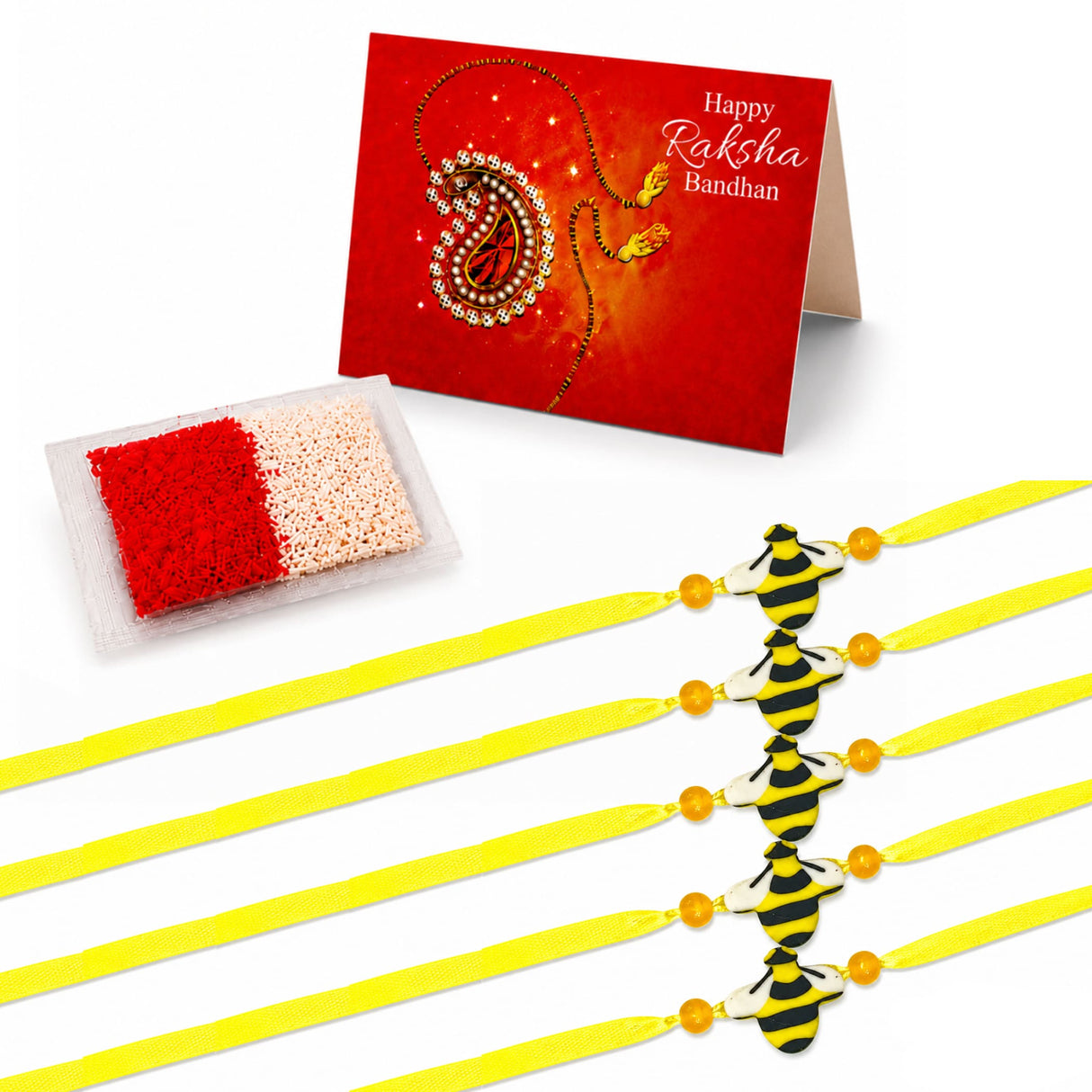 Yellow bee-themed handmade rakhi bracelets with black and yellow plastic bodies orange beads and yellow ribbon for brother