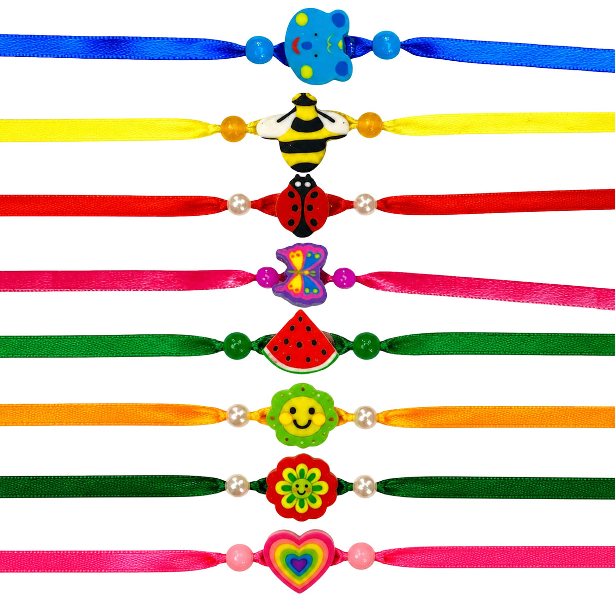 A set of five colorful handmade animal theme rakhi bracelets with vibrant ribbons and playful plastic charms for brother