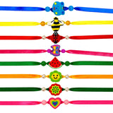 A set of five colorful handmade animal theme rakhi bracelets with vibrant ribbons and playful plastic charms for brother
