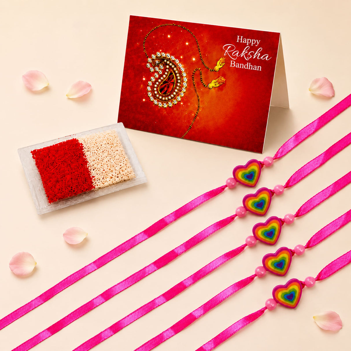 Bright pink satin ribbons with rainbow heart charms and pearl beads in handmade animal theme rakhi for brother set