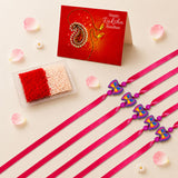 Set of four vibrant pink ribbon animal theme rakhis with colorful butterfly charms and purple beads for brother