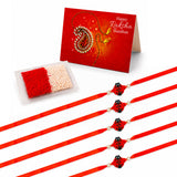 Five red silk handmade rakhi bands with black ladybug charms and pearl beads for brother protection and good luck