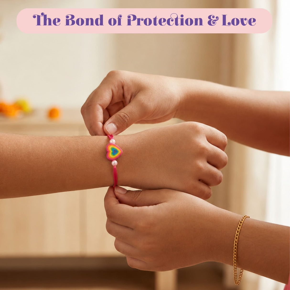 A vibrant pink cord animal theme rakhi bracelet with a colorful heart charm and white beads for brother protection