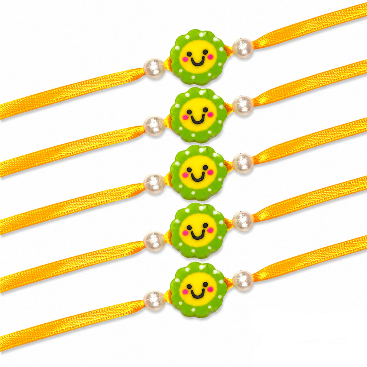 Animal theme rakhi for brother featuring bright yellow cord bracelets with green flower smiling face charms handmade gift