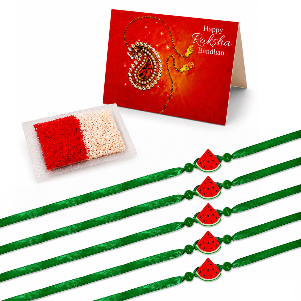 Five green ribbon animal theme rakhi with watermelon slice charms handmade for raksha bandhan bracelet gift set