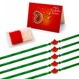Five green ribbon animal theme rakhi with watermelon slice charms handmade for raksha bandhan bracelet gift set