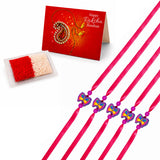 Set of five vibrant pink handmade animal theme rakhi bracelets with butterfly charms and purple beads for brother