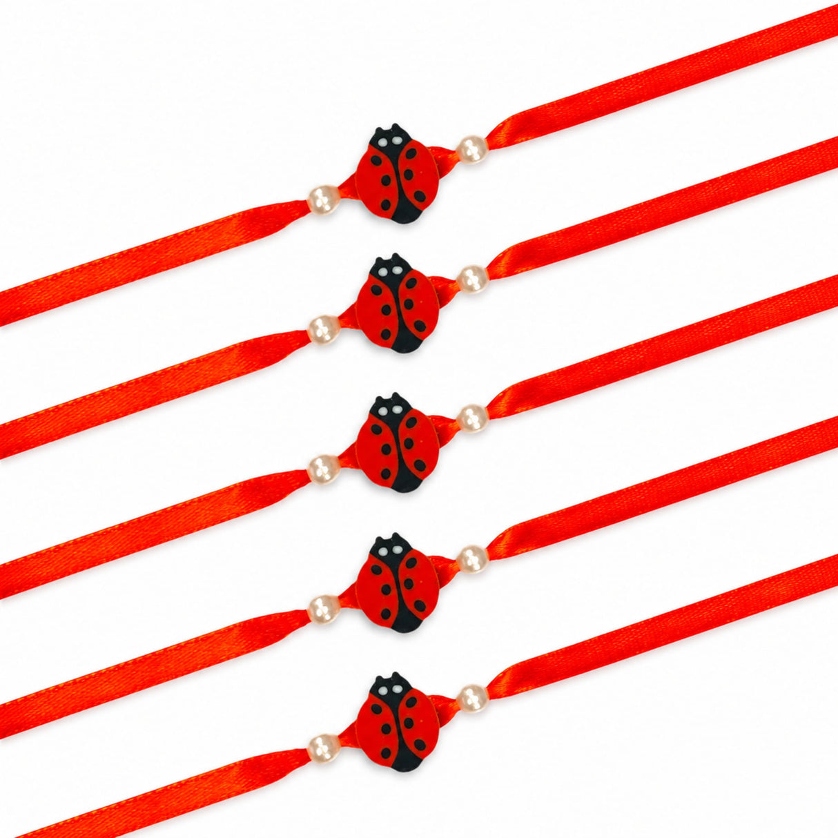 Red satin ribbon animal theme rakhi with black and red ladybug charm and two small pearls for protection and good luck