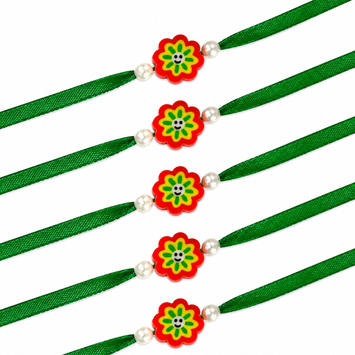 Five green fabric animal theme rakhis with red and yellow flower charms and white pearl beads for brother gift