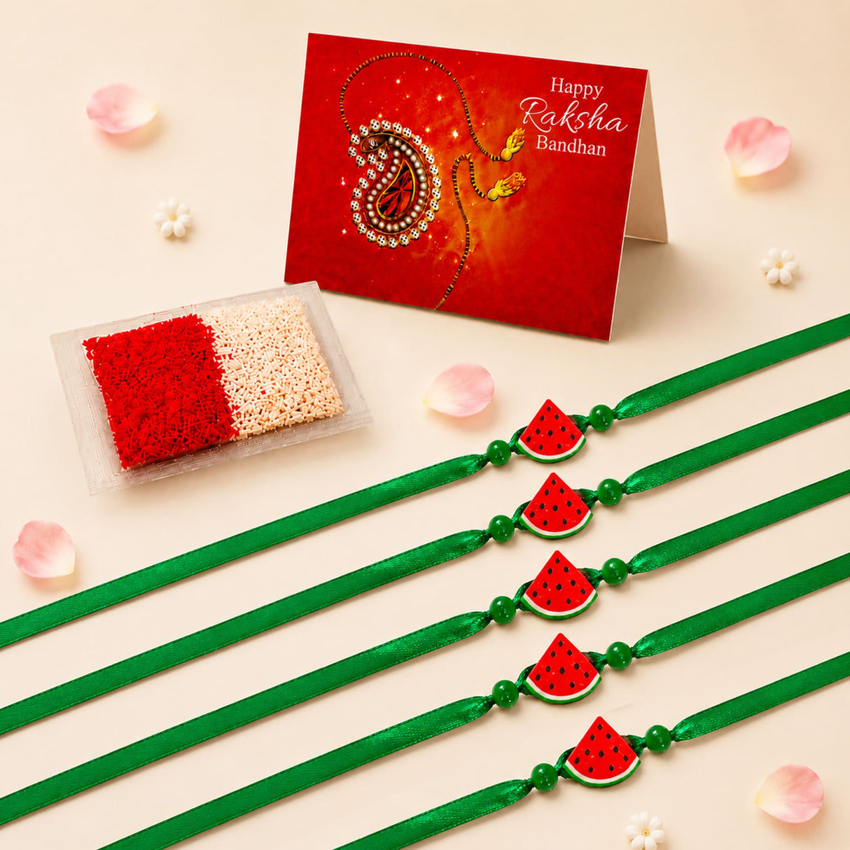 Four green satin rakhi bands with watermelon slice charms and beads animal theme handmade adjustable thread