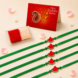 Four green satin rakhi bands with watermelon slice charms and beads animal theme handmade adjustable thread