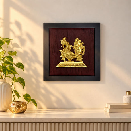 Annam wall hanging brass modern wooden framed golden peacock artwork with intricate detailing for home office decor