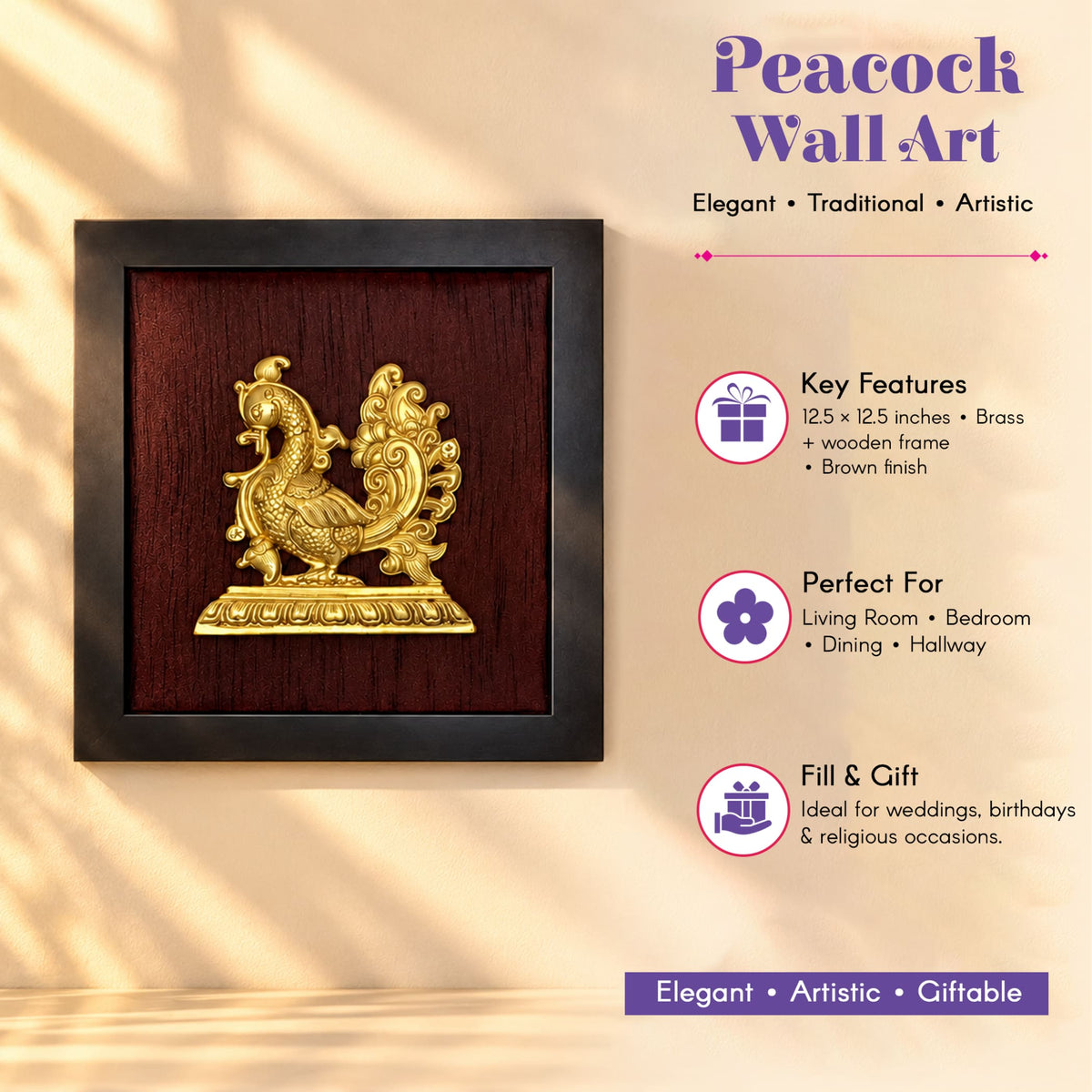 Golden brass peacock wall art with intricate detailing in a black frame on rich brown wooden background for home decor