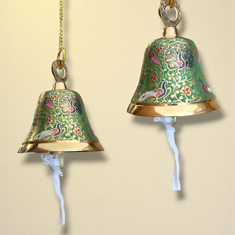 Antique brass peacock bell with chain for temple pooja decor, 4.75 inches