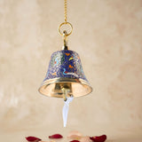 Antique brass hanging bell with chain for temple pooja featuring deep blue enamel and multicolored paisley patterns