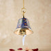 Antique brass hanging bell with chain for temple pooja featuring deep blue enamel and multicolored paisley patterns