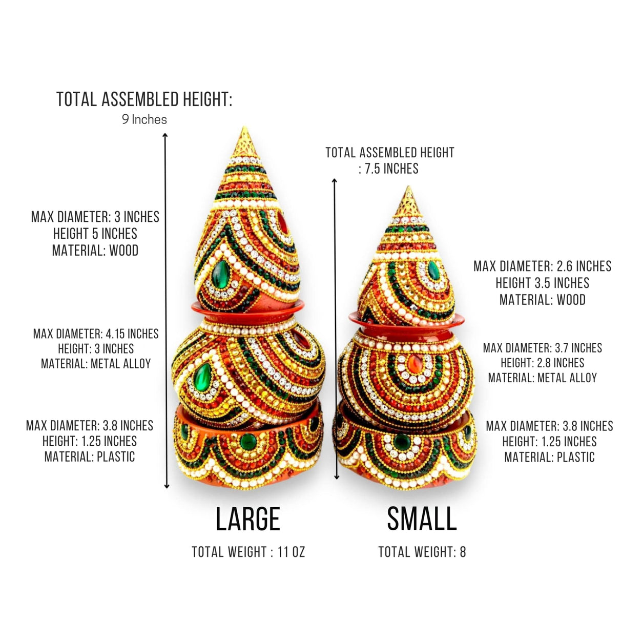 Ornate artificial mangal kalash with multi-tiered red and gold beadwork and green gemstones for pooja and weddings