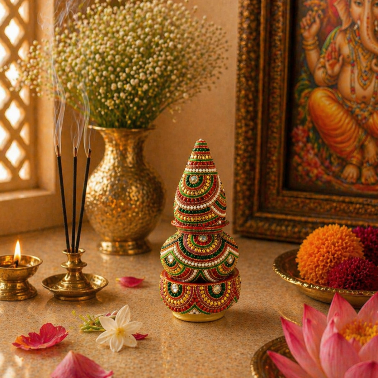 Artificial mangal kalash with vibrant red green and gold beadwork and white stones for pooja and wedding decor