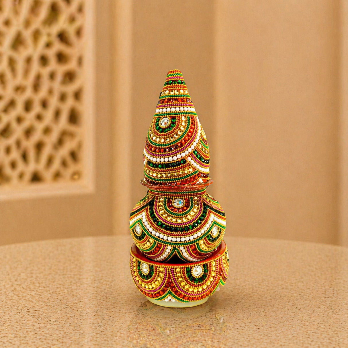 Artificial mangal kalash with vibrant red green gold and white beads conical top for pooja and wedding decor