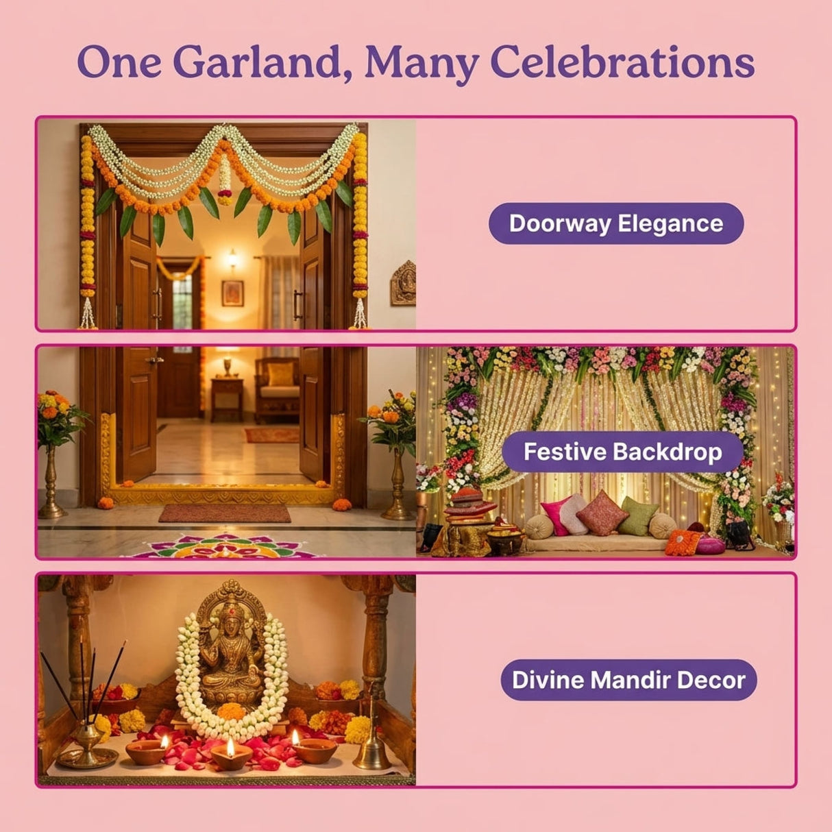 Golden seated deity statue with artificial jasmine buds garland