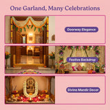 Golden seated deity statue with artificial jasmine buds garland