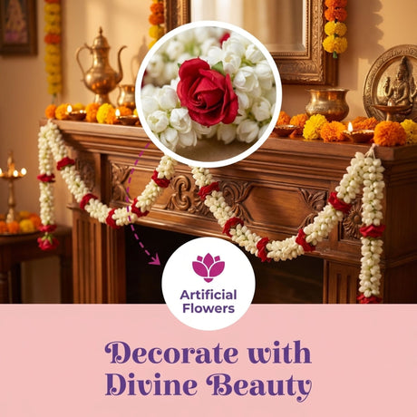 Elegant 4-string artificial jasmine rose garland in white red for Diwali Eid decor