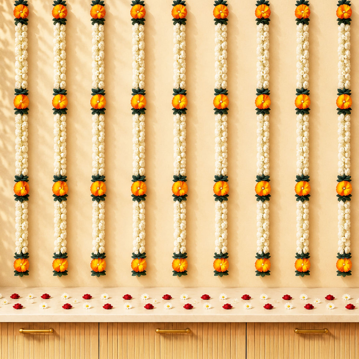 Set of 2 artificial jasmine flower garlands in white with orange and green accents for wedding and festive decor