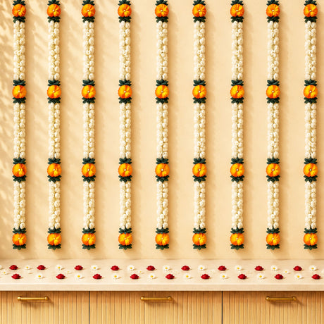 Set of 2 artificial jasmine flower garlands in white with orange and green accents for wedding and festive decor