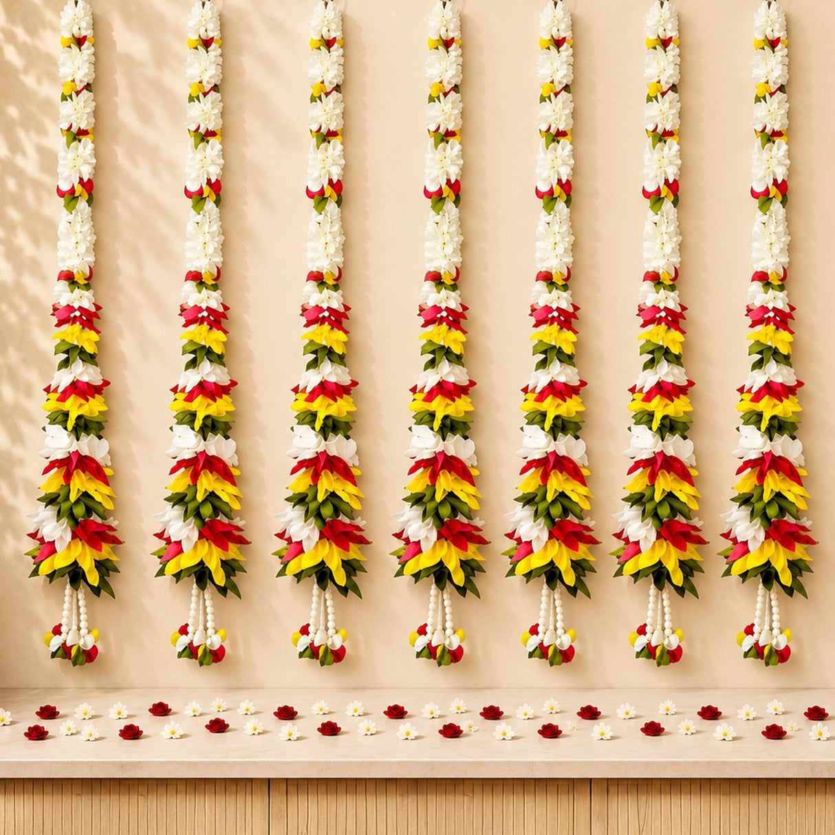 Set of 2 strings artificial fabric jasmine flower garlands in white red and yellow with green leaves for Diwali decor