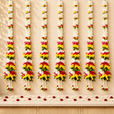 Set of 2 strings artificial fabric jasmine flower garlands in white red and yellow with green leaves for Diwali decor