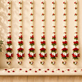 Set of 2 strings artificial fabric jasmine flower garlands in red and white with green leaves for diwali and wedding decor