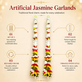 Set of 2 strings artificial fabric jasmine flower garlands 2 feet long with white red yellow green flowers for diwali decor