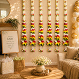 Set of 2 strings artificial fabric jasmine flower garlands in white yellow and red with green leaves for festive decor