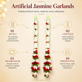 Set of 2 strings artificial fabric jasmine flower garlands in white and red 2 feet long for diwali and wedding decor
